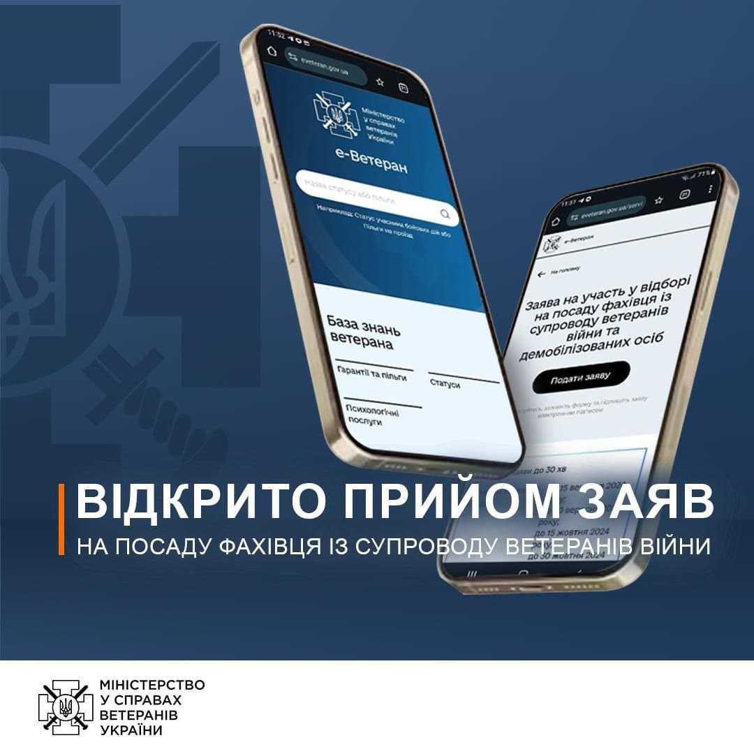 Міністерство у справах ветеранів України відкрило прийом заяв на участь у відборі на посади фахівця із супроводу ветеранів війни та демобілізованих осіб.